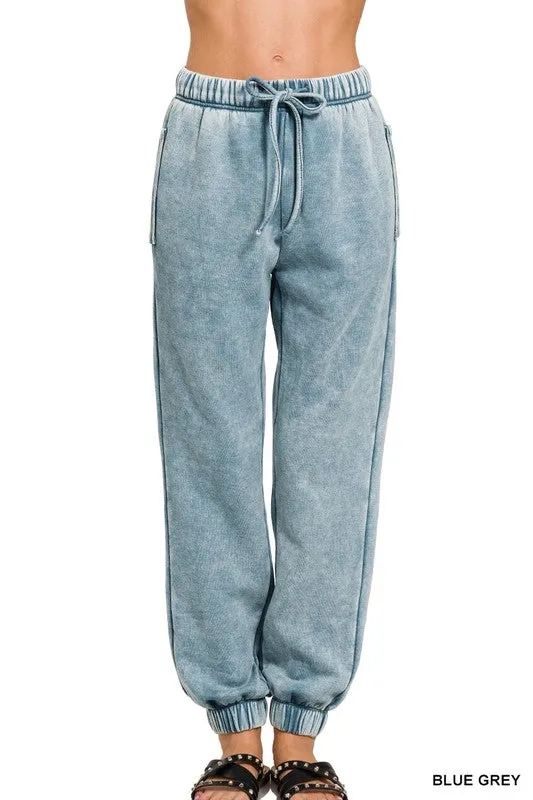 Acid Wash Fleece Sweatpants with Pockets