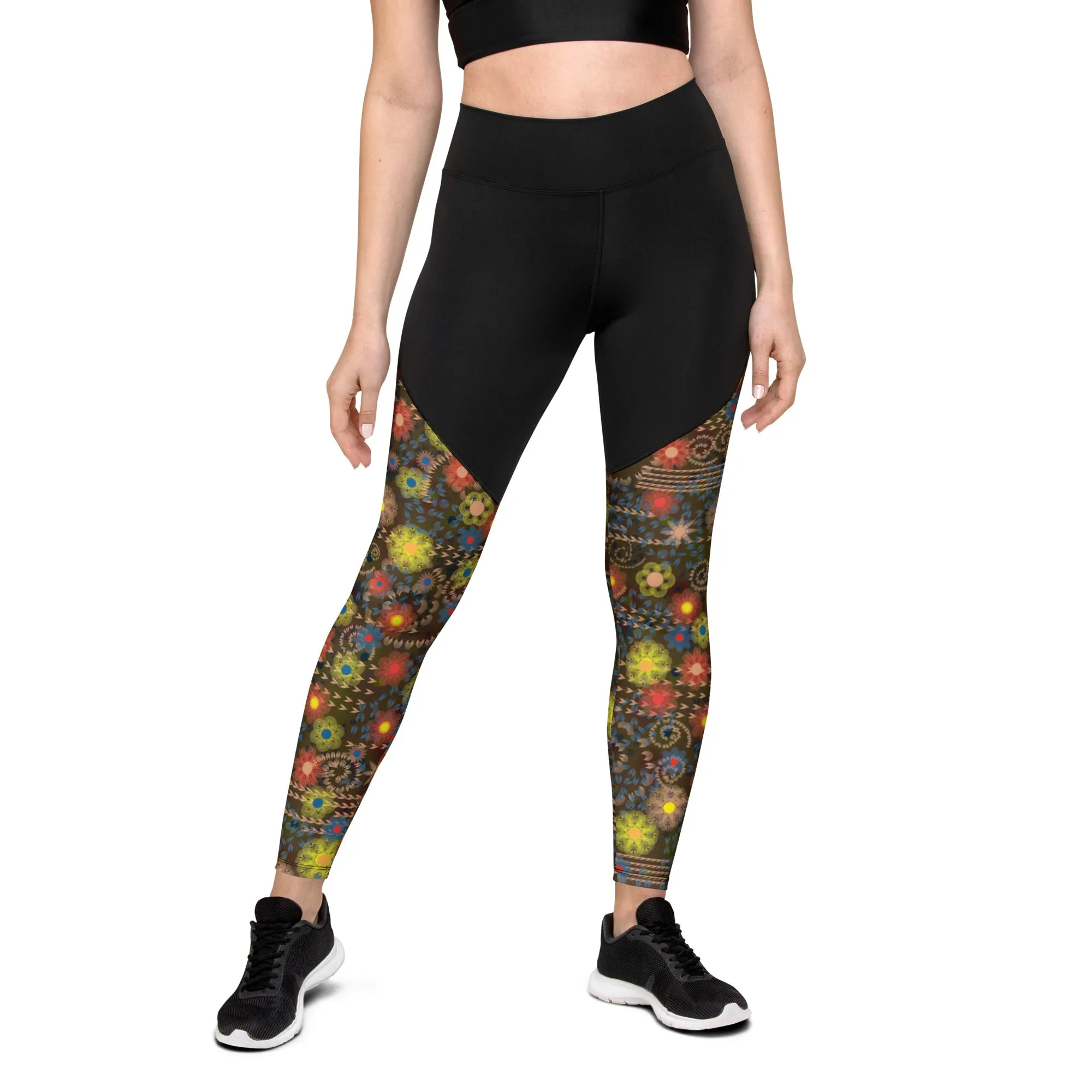 Arc Sereis- Black Floral Sports Leggings with a large back waist pocket for you cell phone