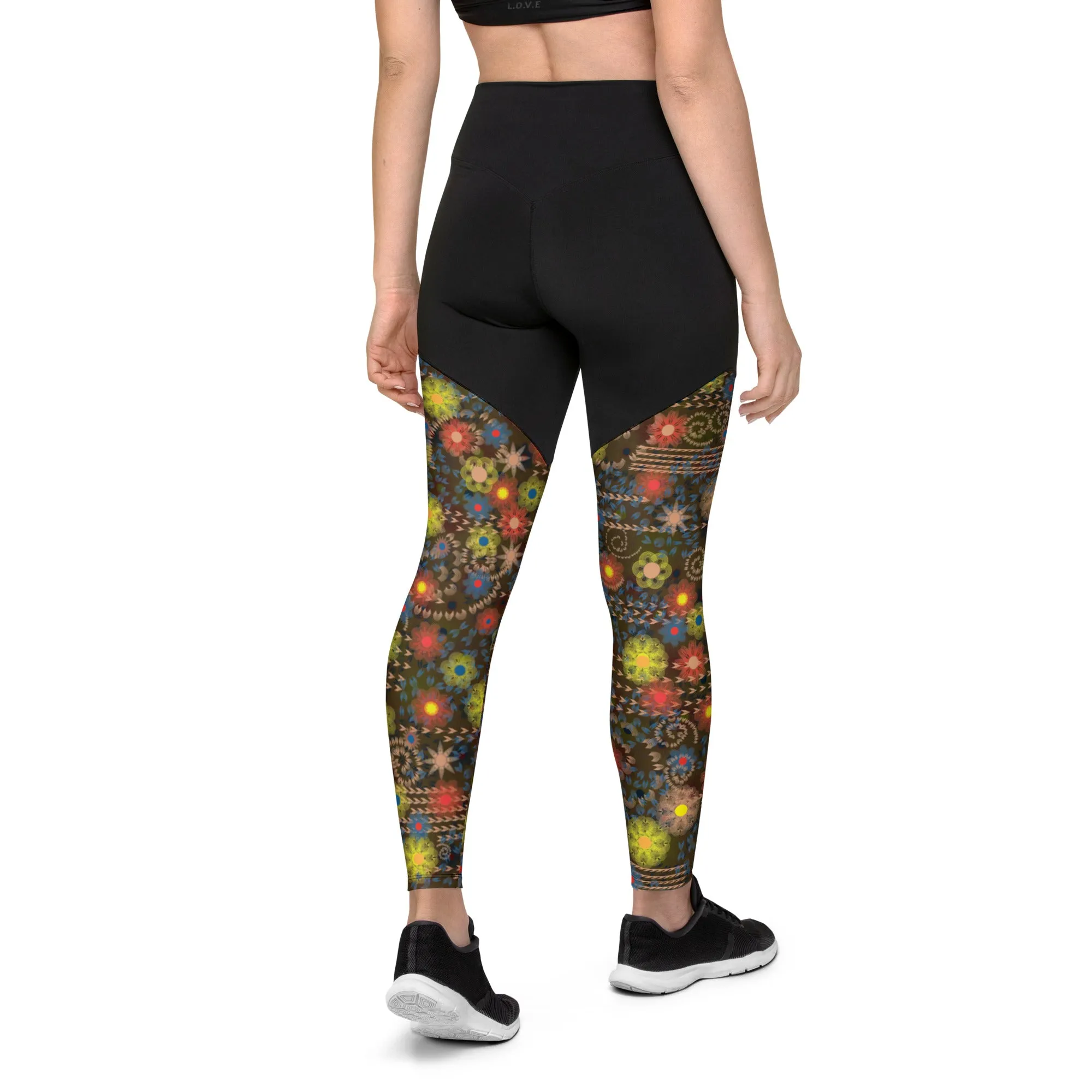 Arc Sereis- Black Floral Sports Leggings with a large back waist pocket for you cell phone