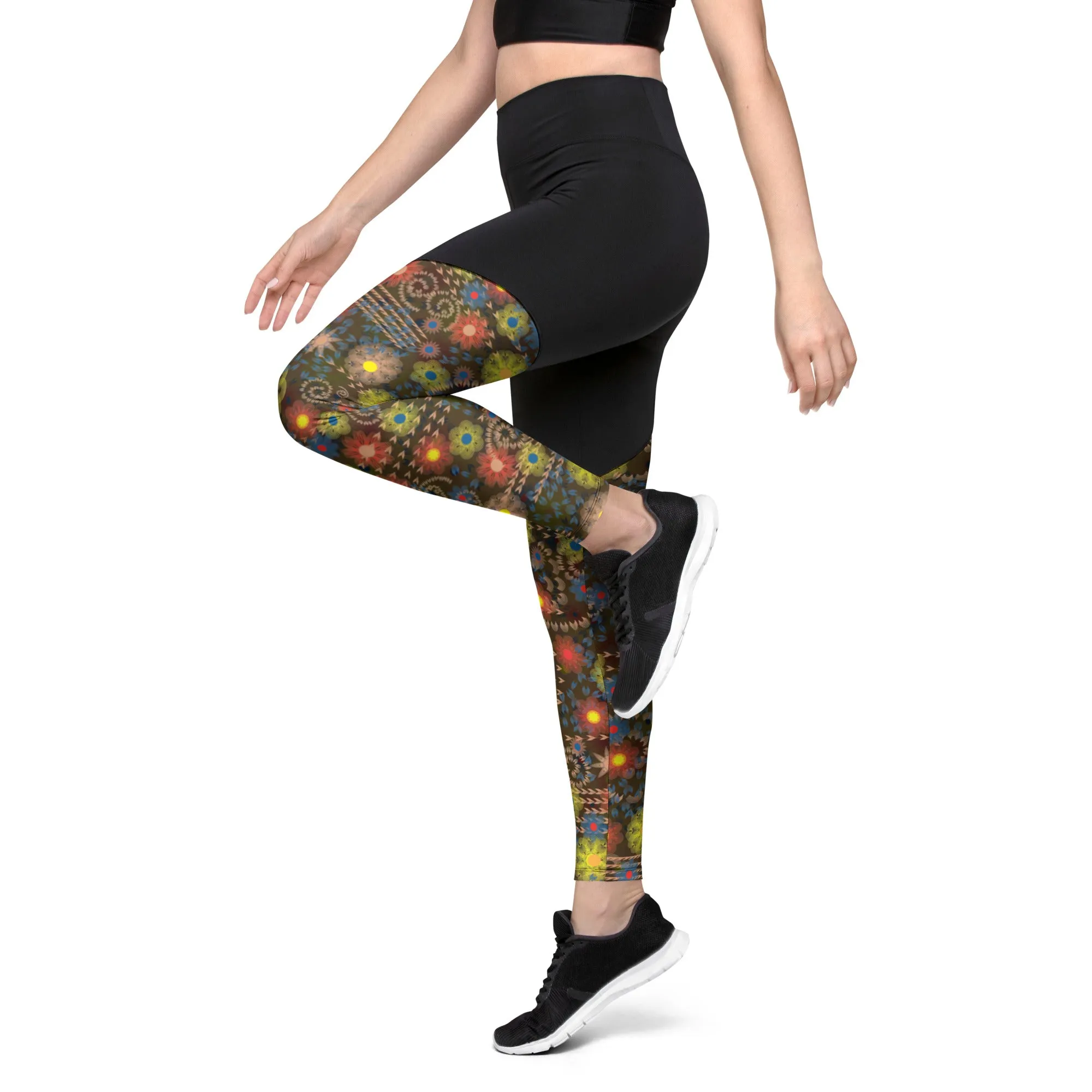 Arc Sereis- Black Floral Sports Leggings with a large back waist pocket for you cell phone