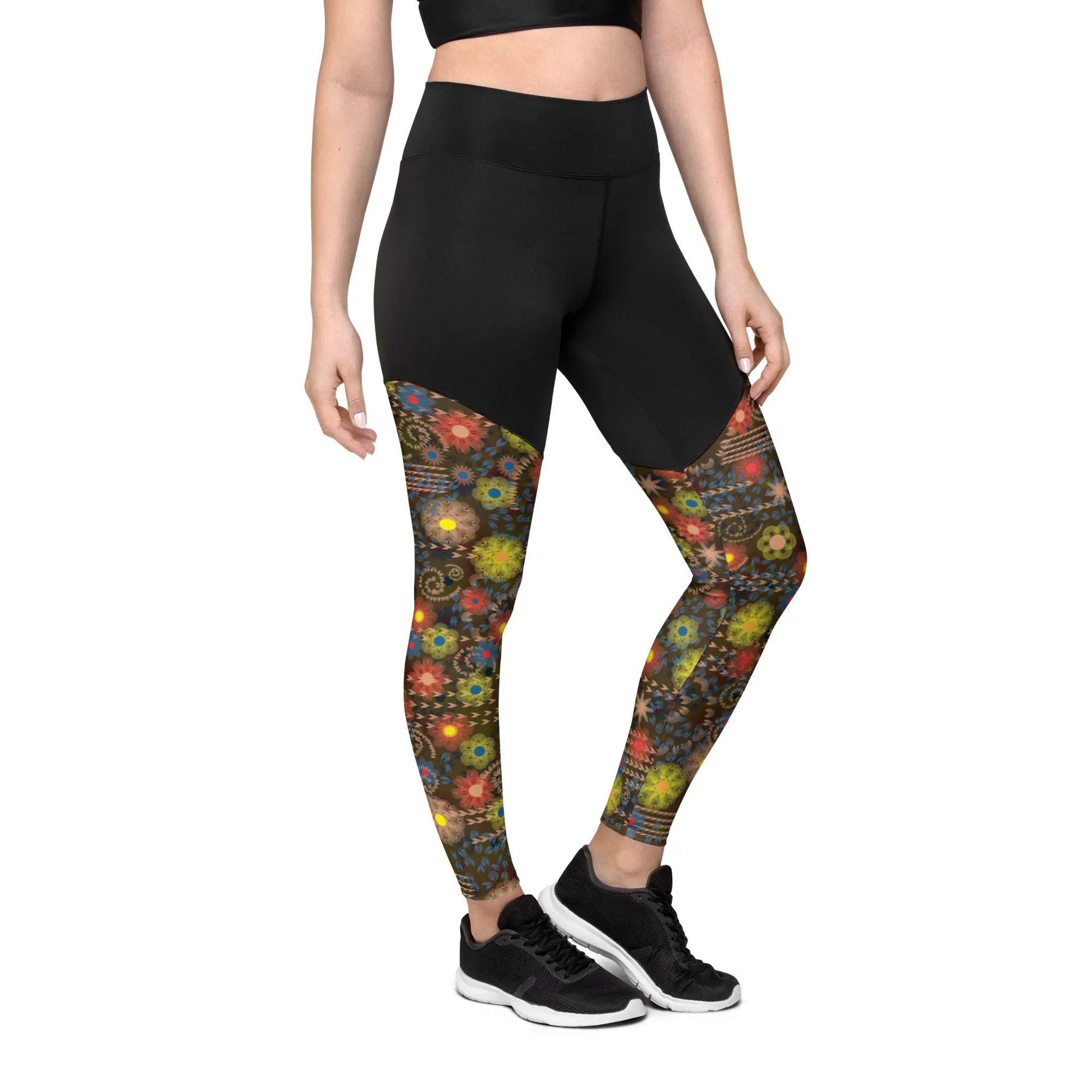 Arc Sereis- Black Floral Sports Leggings with a large back waist pocket for you cell phone