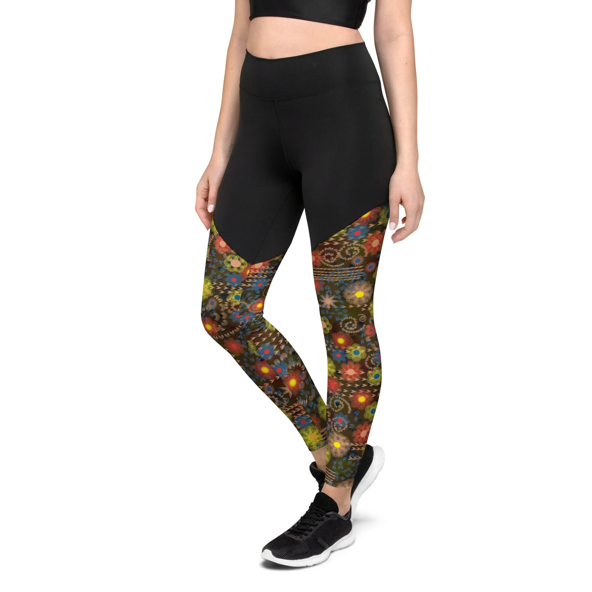 Arc Sereis- Black Floral Sports Leggings with a large back waist pocket for you cell phone