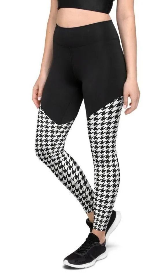 Black & White Houndstooth Print Compression Leggings