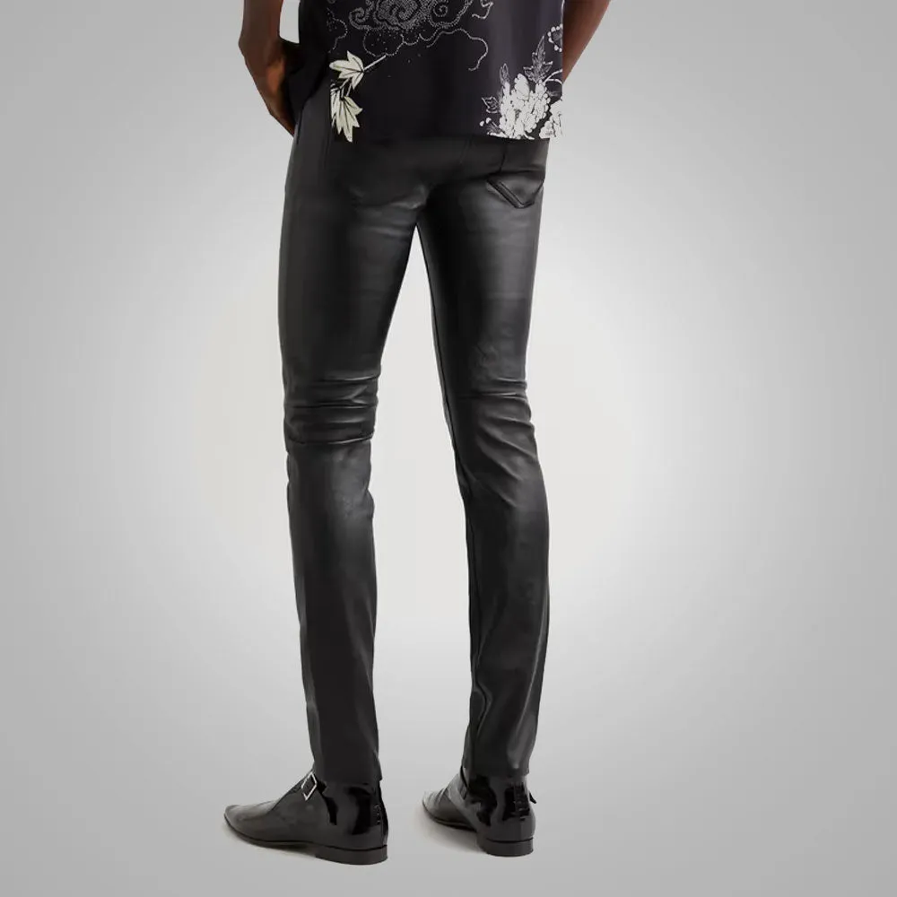 Mens Black Real Sheep Skin Fashion Leather Pant