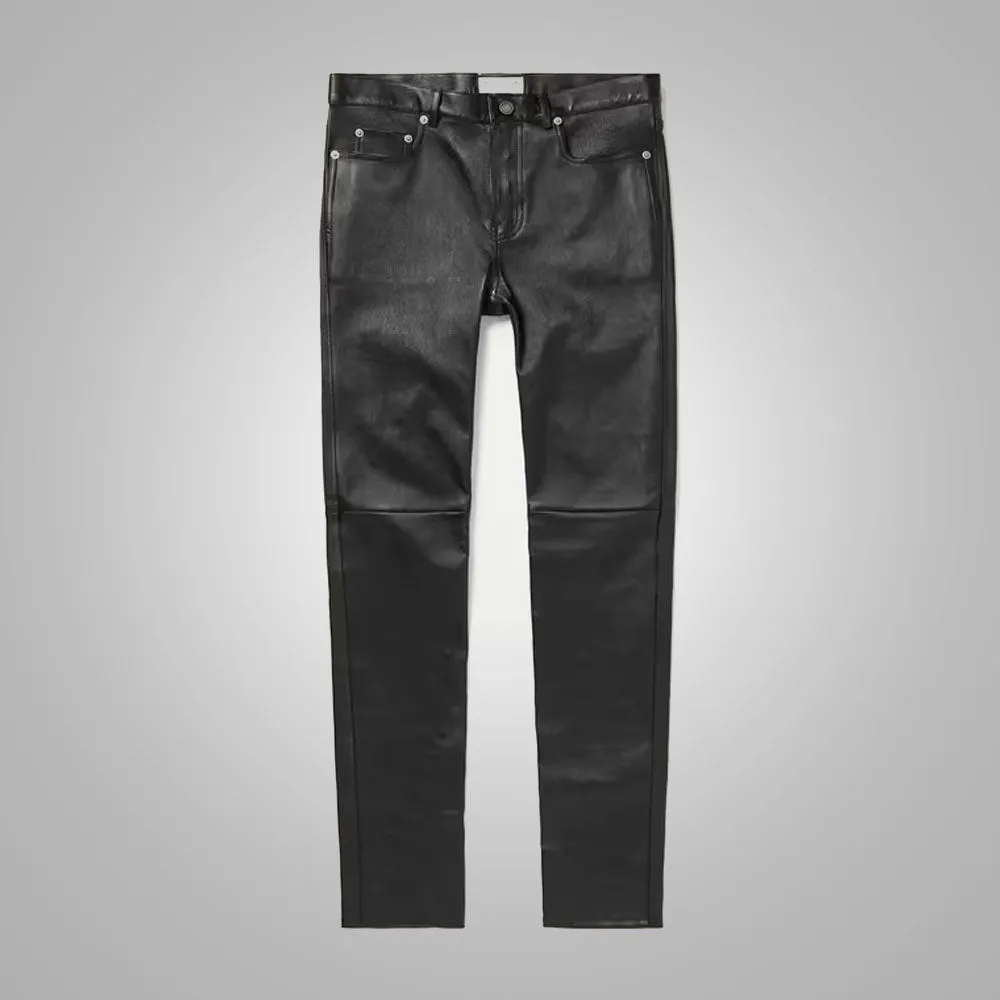 Mens Black Real Sheep Skin Fashion Leather Pant