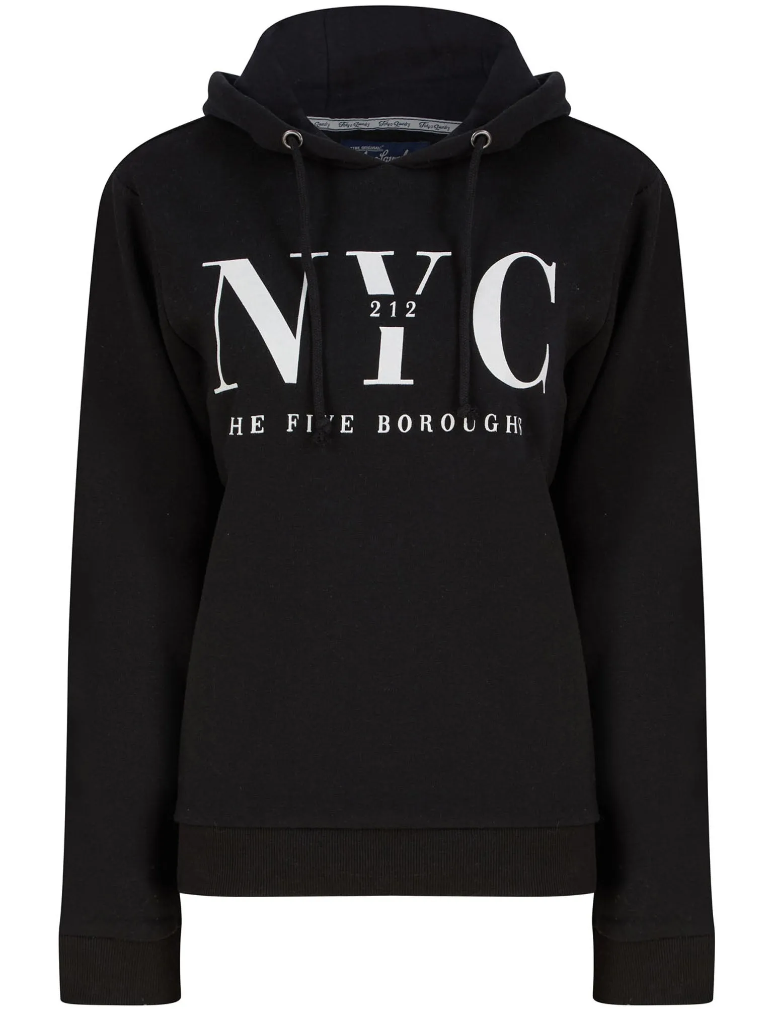 NYC Borough Motif Brushback Fleece Pullover Hoodie in Jet Black - Tokyo Laundry