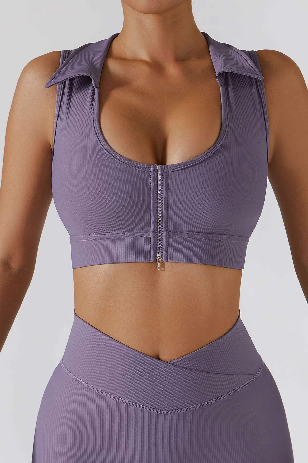 Ribbed Zip Front Plunge Neckline Sports Bra