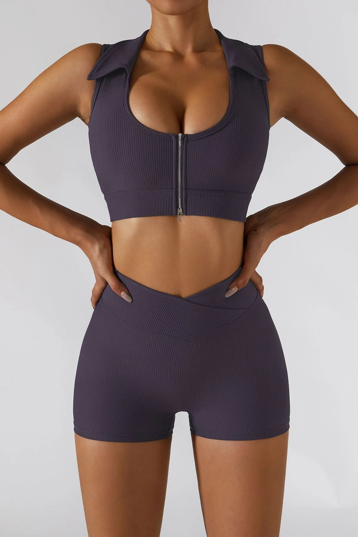 Ribbed Zip Front Plunge Neckline Sports Bra