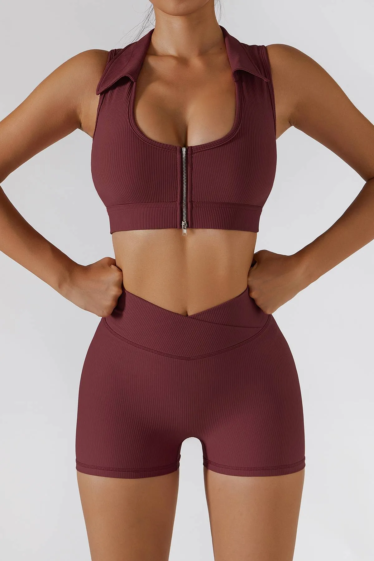 Ribbed Zip Front Plunge Neckline Sports Bra