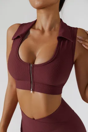 Ribbed Zip Front Plunge Neckline Sports Bra