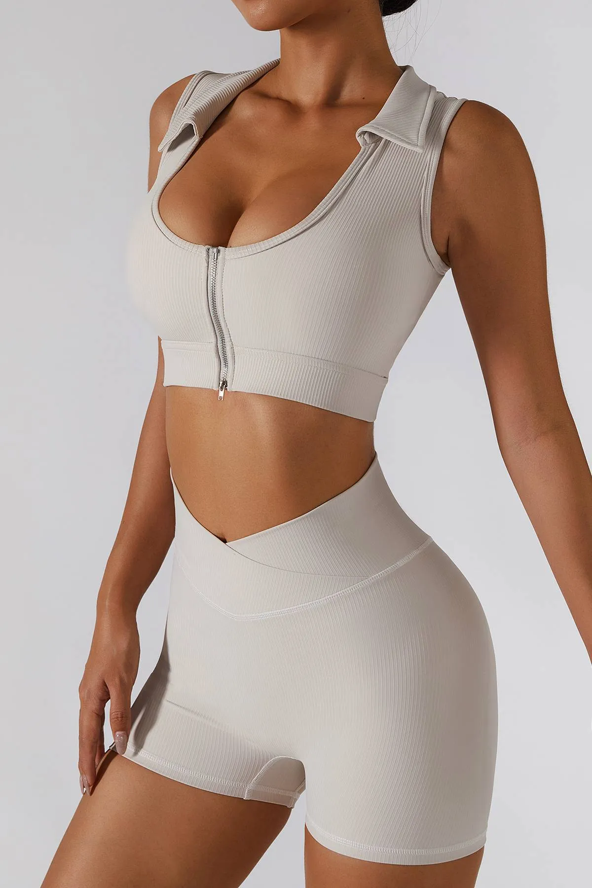 Ribbed Zip Front Plunge Neckline Sports Bra