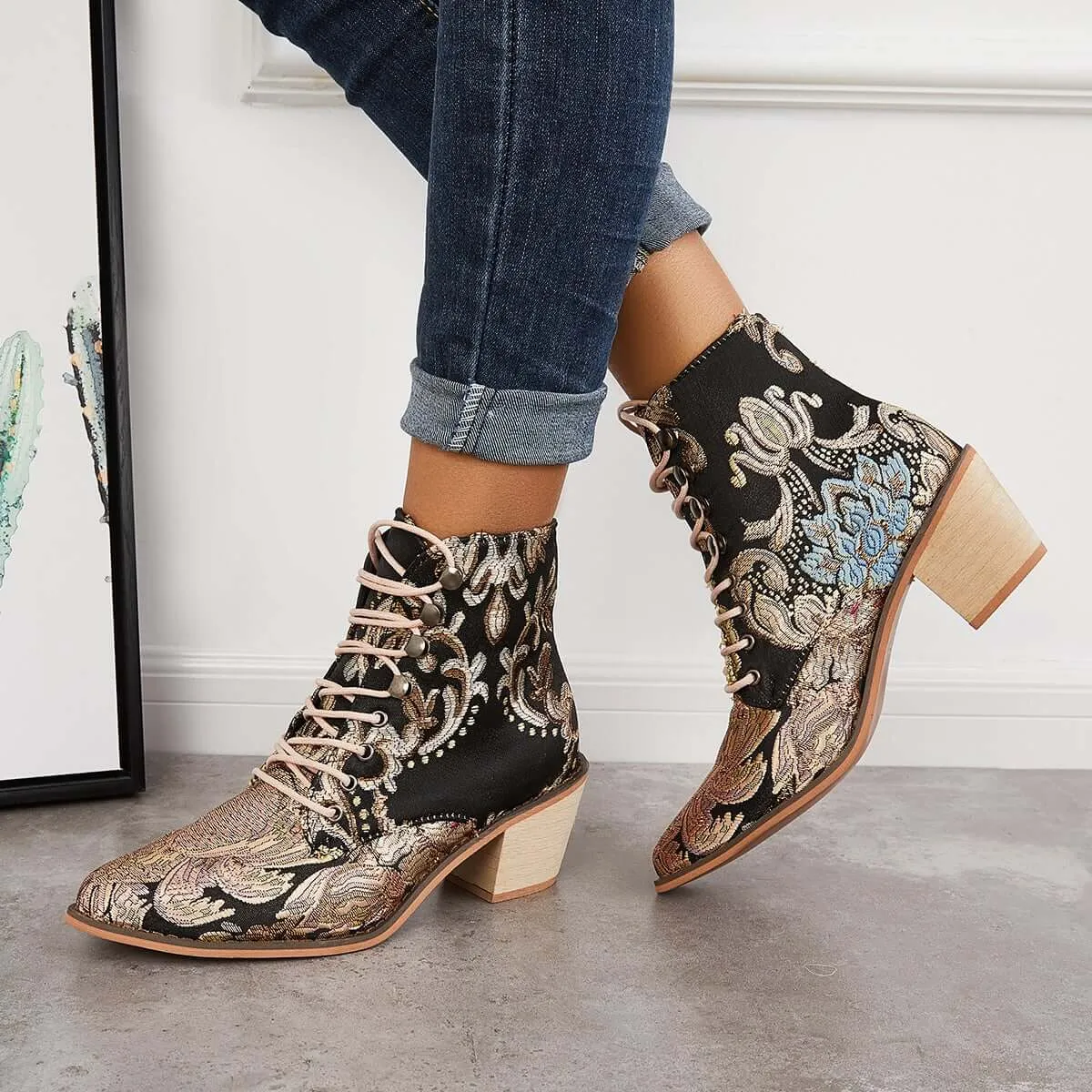 Sohiwoo Women Retro Embroidered Cowboy Ankle Boots Block Heel Western Booties