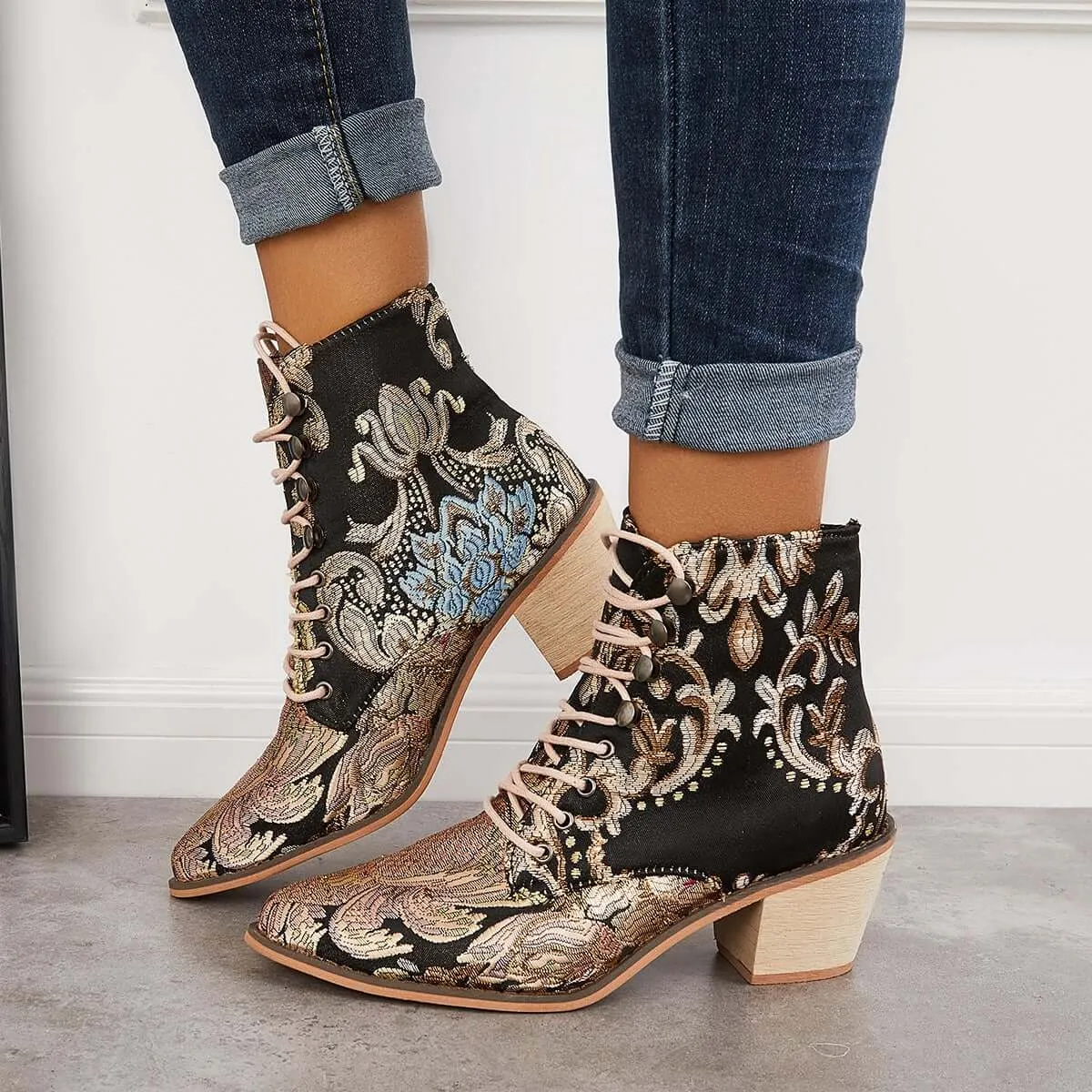 Sohiwoo Women Retro Embroidered Cowboy Ankle Boots Block Heel Western Booties