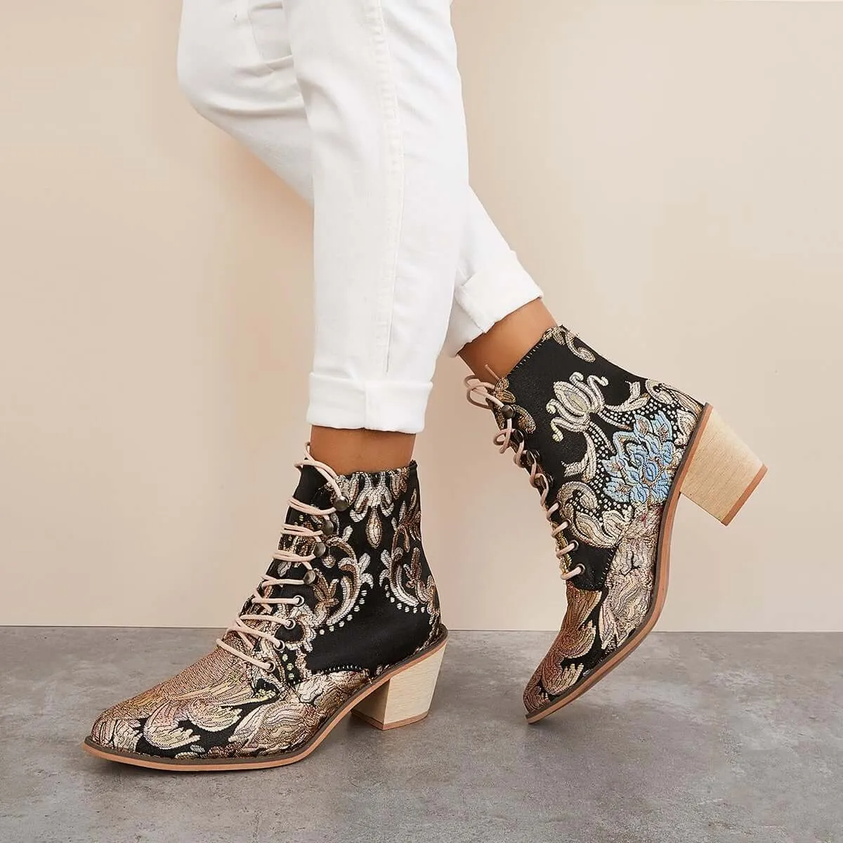 Sohiwoo Women Retro Embroidered Cowboy Ankle Boots Block Heel Western Booties