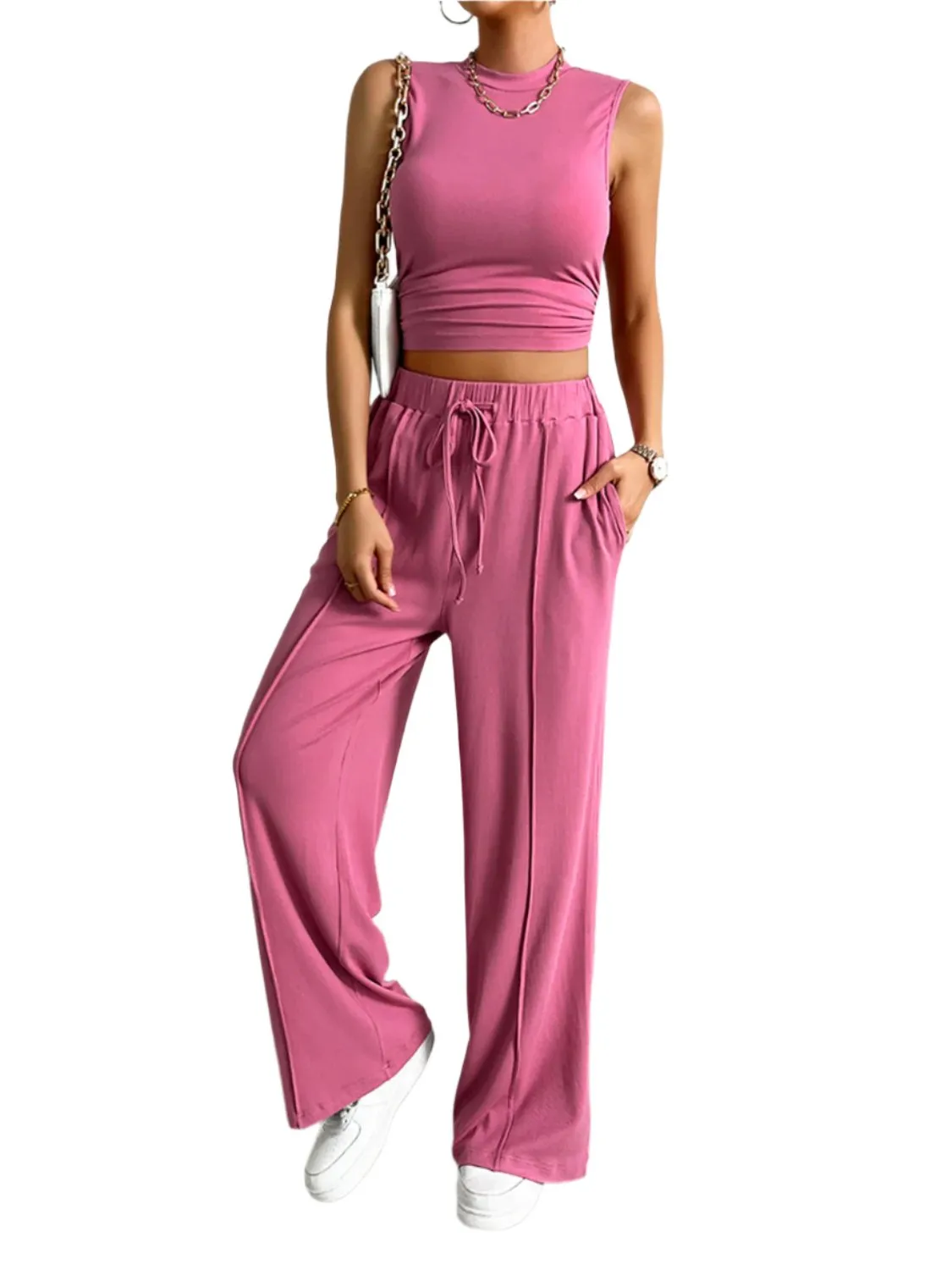 TEEK - Mock Neck Sleeveless Top Drawstring Pants Set