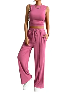 TEEK - Mock Neck Sleeveless Top Drawstring Pants Set