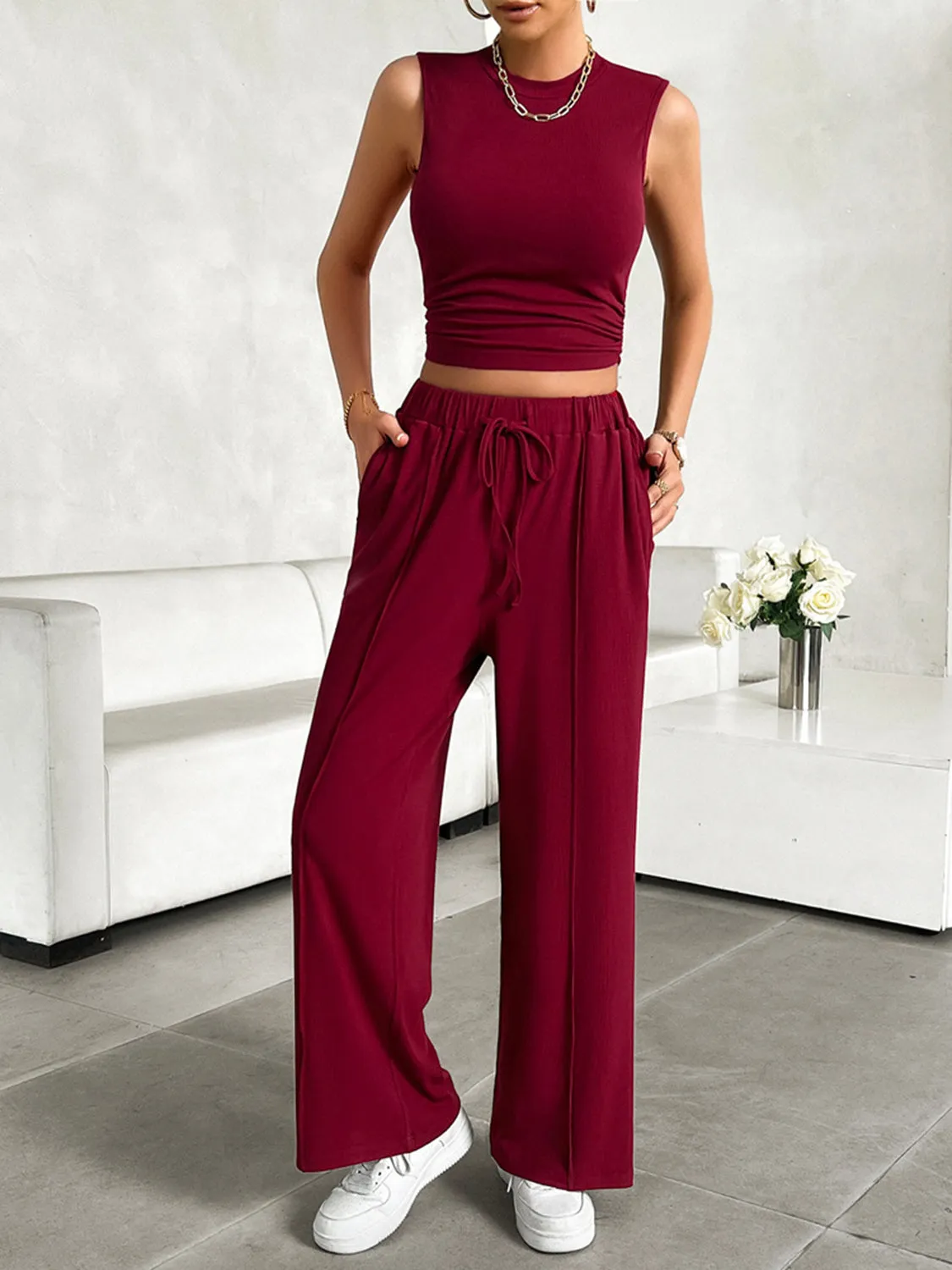 TEEK - Mock Neck Sleeveless Top Drawstring Pants Set