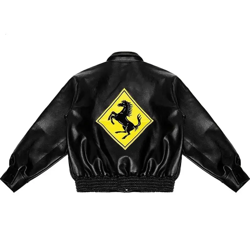 Vintage Motorcycle Embroidered Leather Bomber Jacket