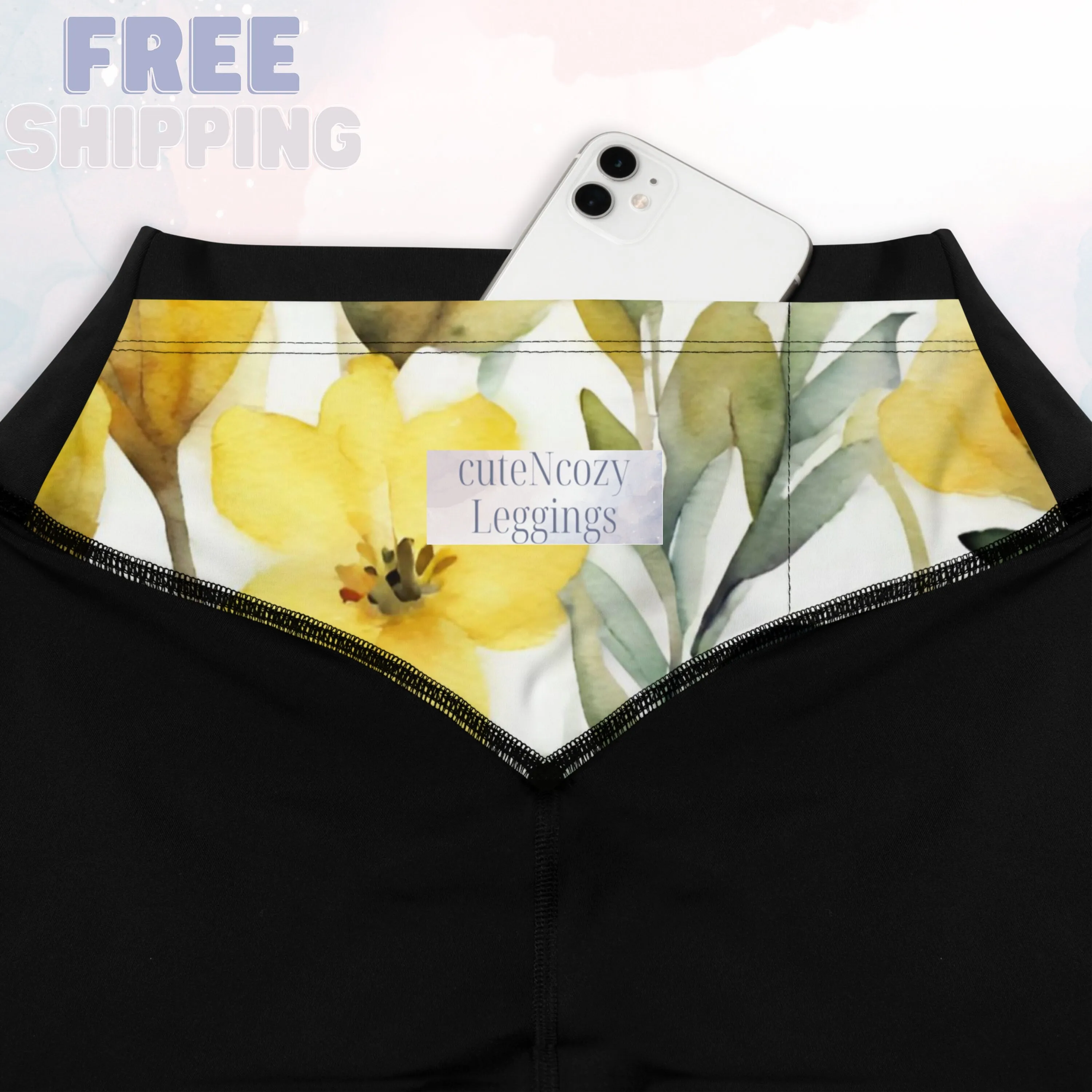 Yellow Watercolor Flowers Womens Compression Sports Leggings