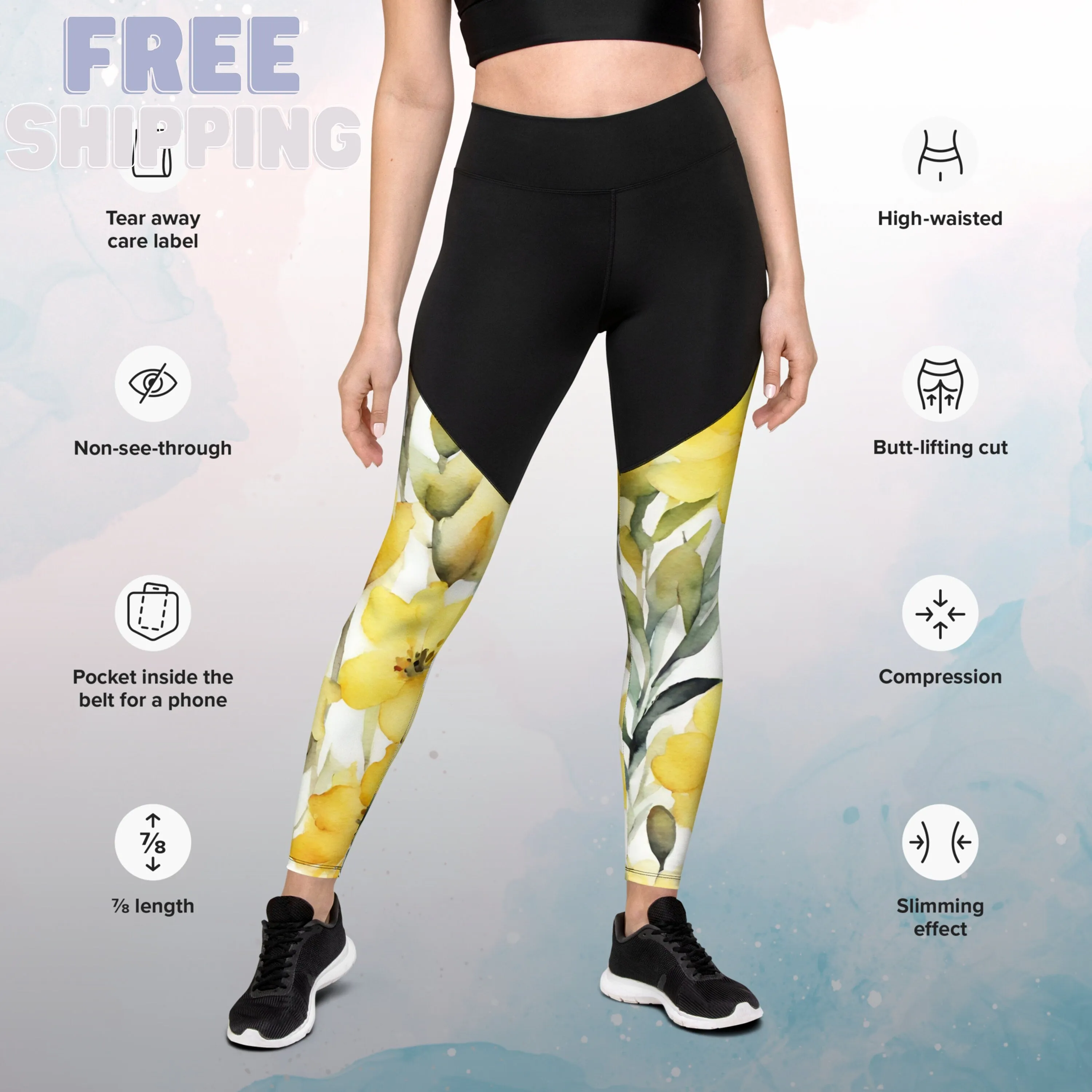 Yellow Watercolor Flowers Womens Compression Sports Leggings