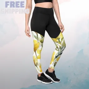 Yellow Watercolor Flowers Womens Compression Sports Leggings