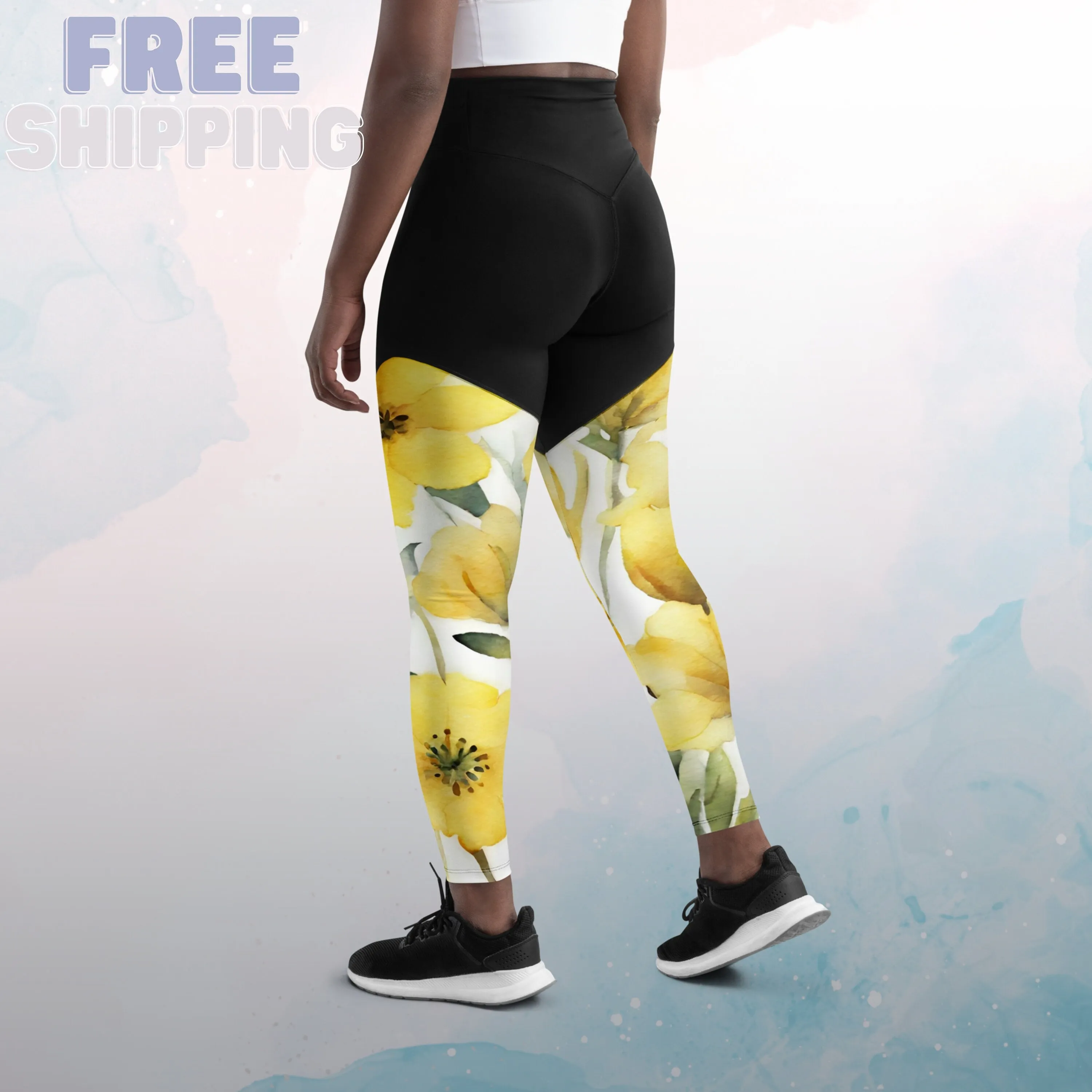 Yellow Watercolor Flowers Womens Compression Sports Leggings