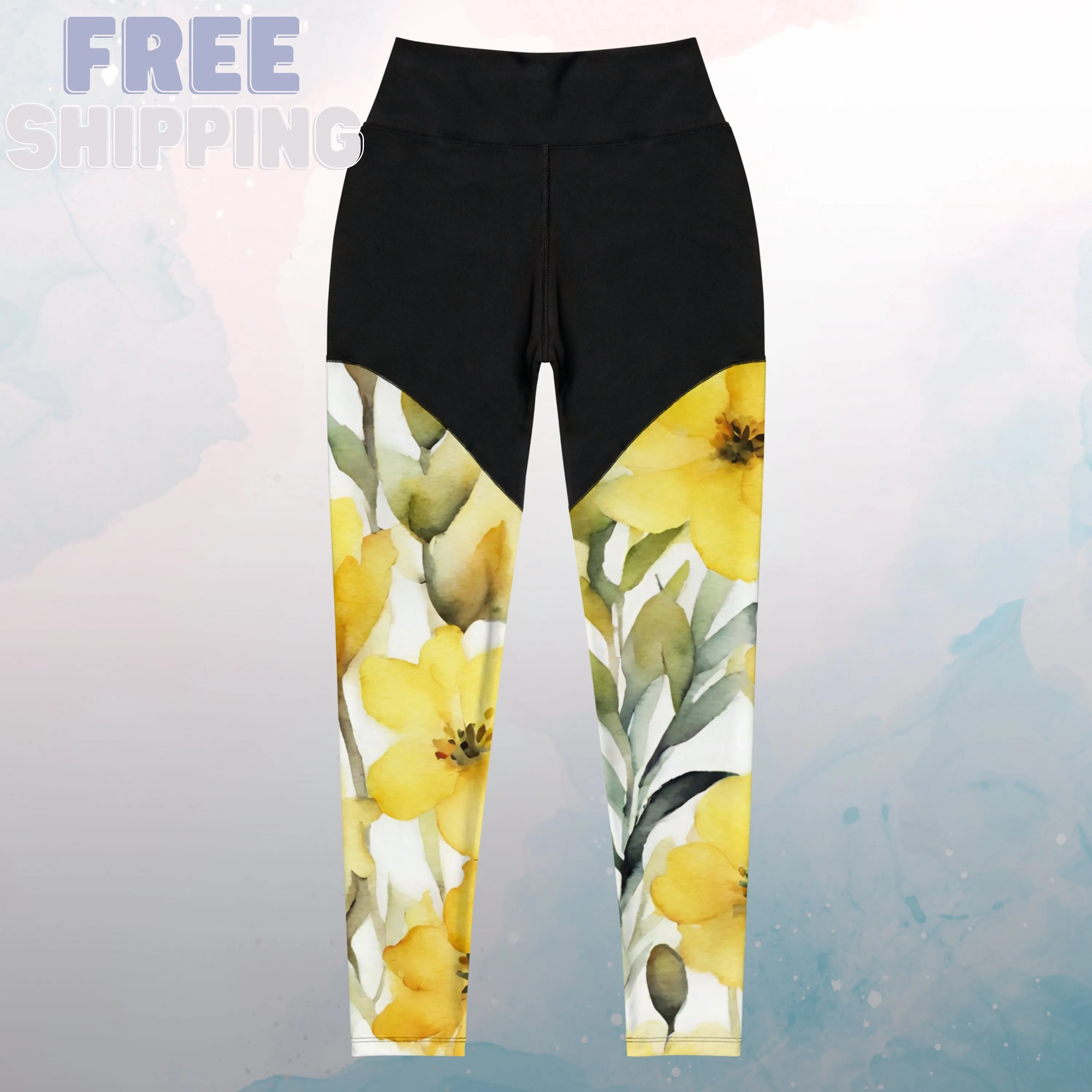 Yellow Watercolor Flowers Womens Compression Sports Leggings