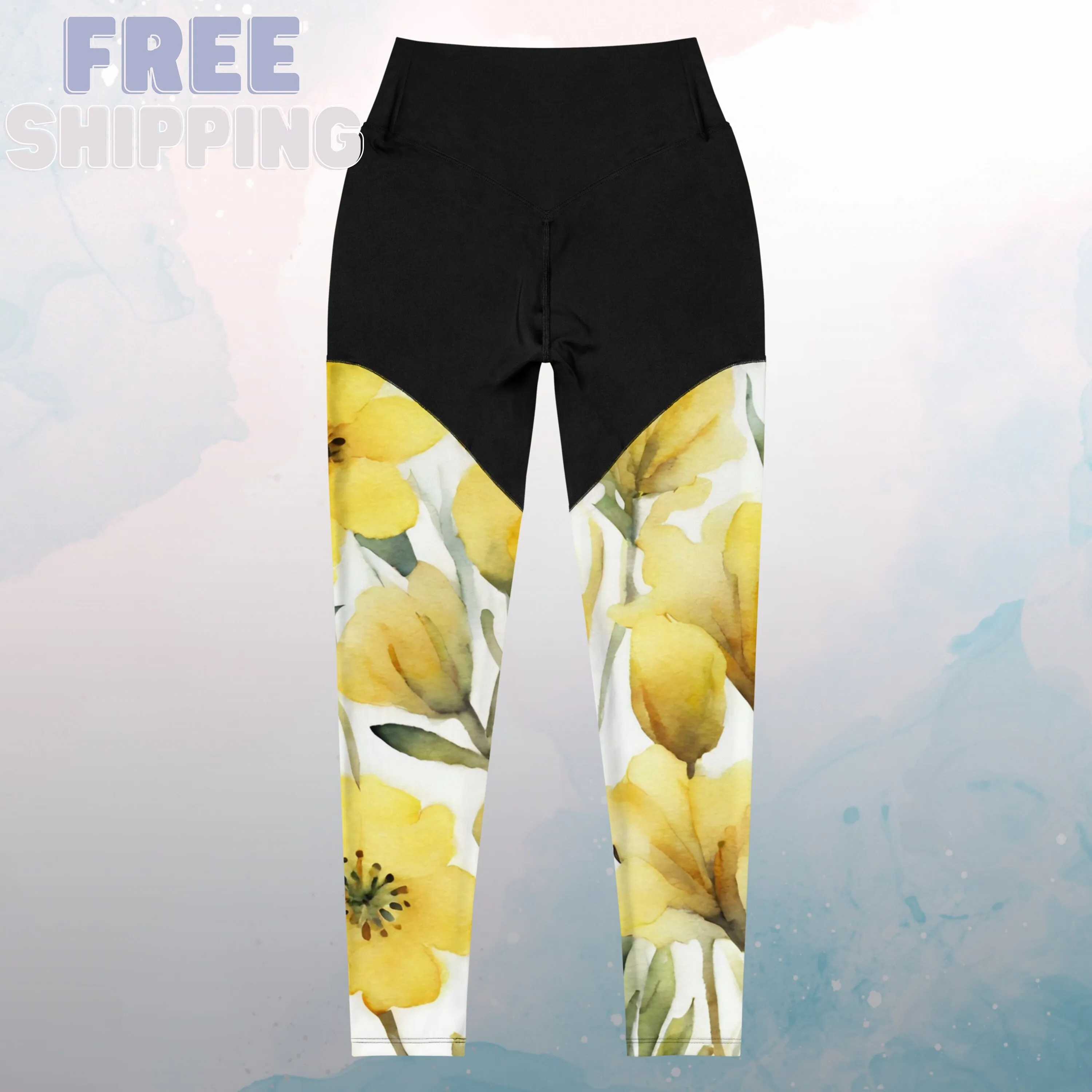 Yellow Watercolor Flowers Womens Compression Sports Leggings