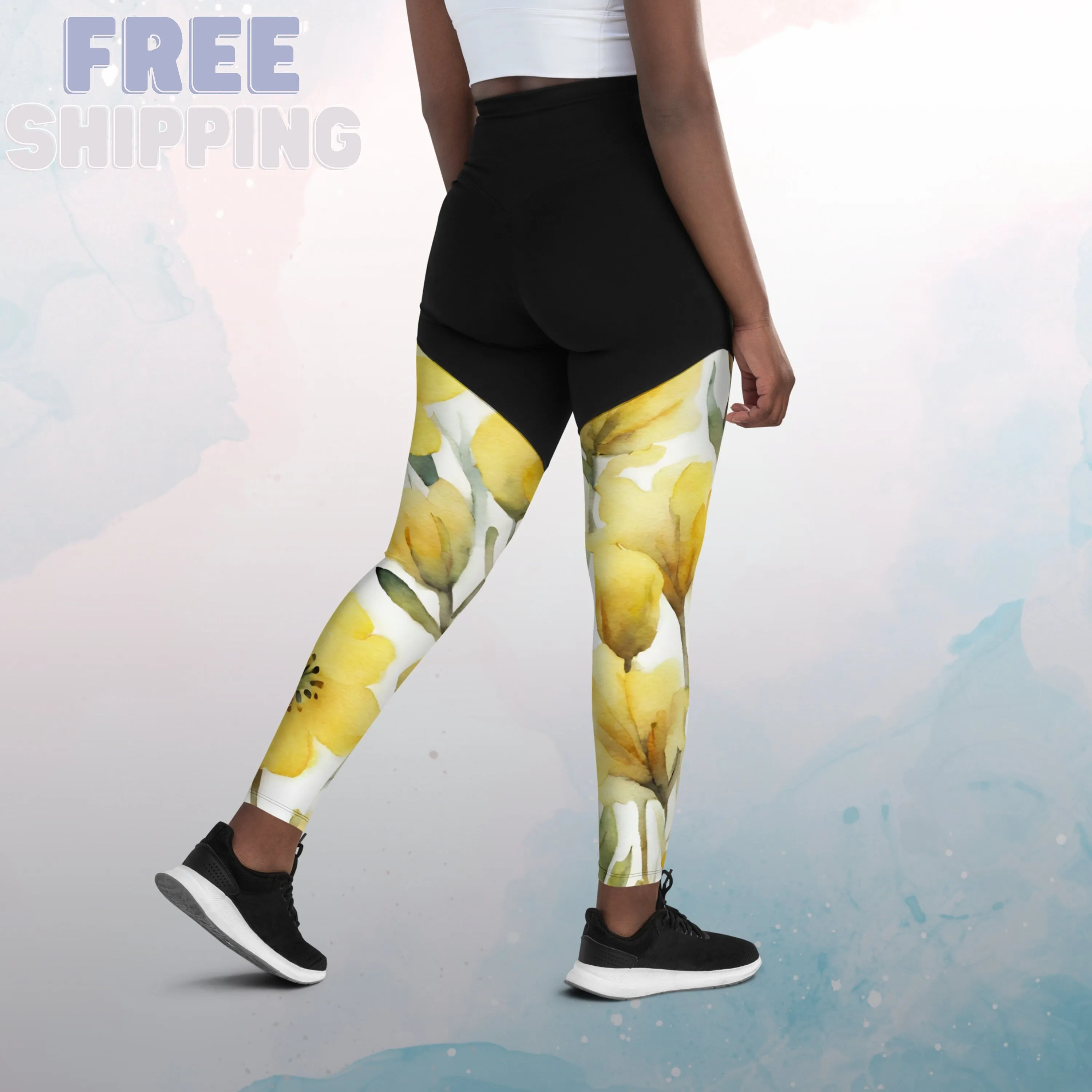 Yellow Watercolor Flowers Womens Compression Sports Leggings