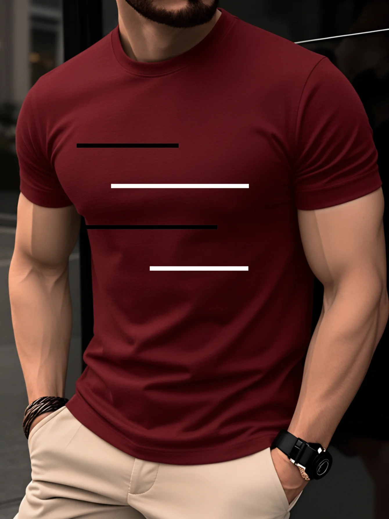 Men's summer 100% pure cotton casual loose black and white lines simple geometric pattern round neck short sleeved T-shirt - Image 2