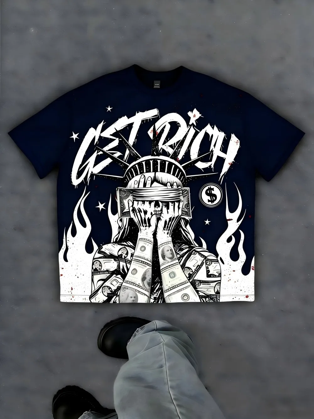 European and American men's summer Statue of Liberty letter print soft and breathable round neck T-shirt outdoor street top - Image 2