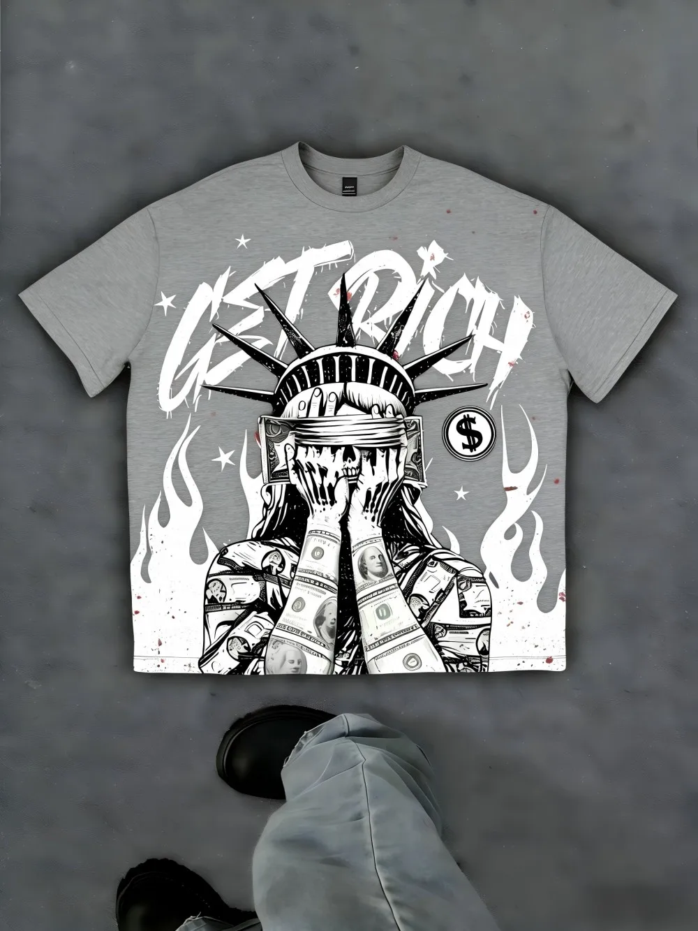 European and American men's summer Statue of Liberty letter print soft and breathable round neck T-shirt outdoor street top - Image 6
