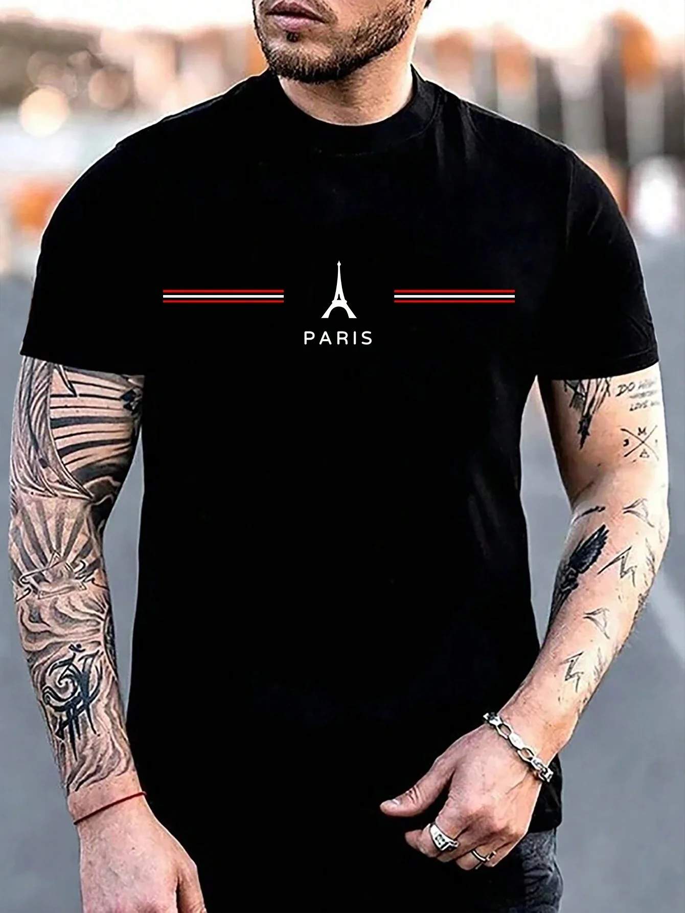 Men's 100% cotton summer loose size comfortable PARIS letter print slim fit casual sports round neck short sleeved T-shirt top - Image 2