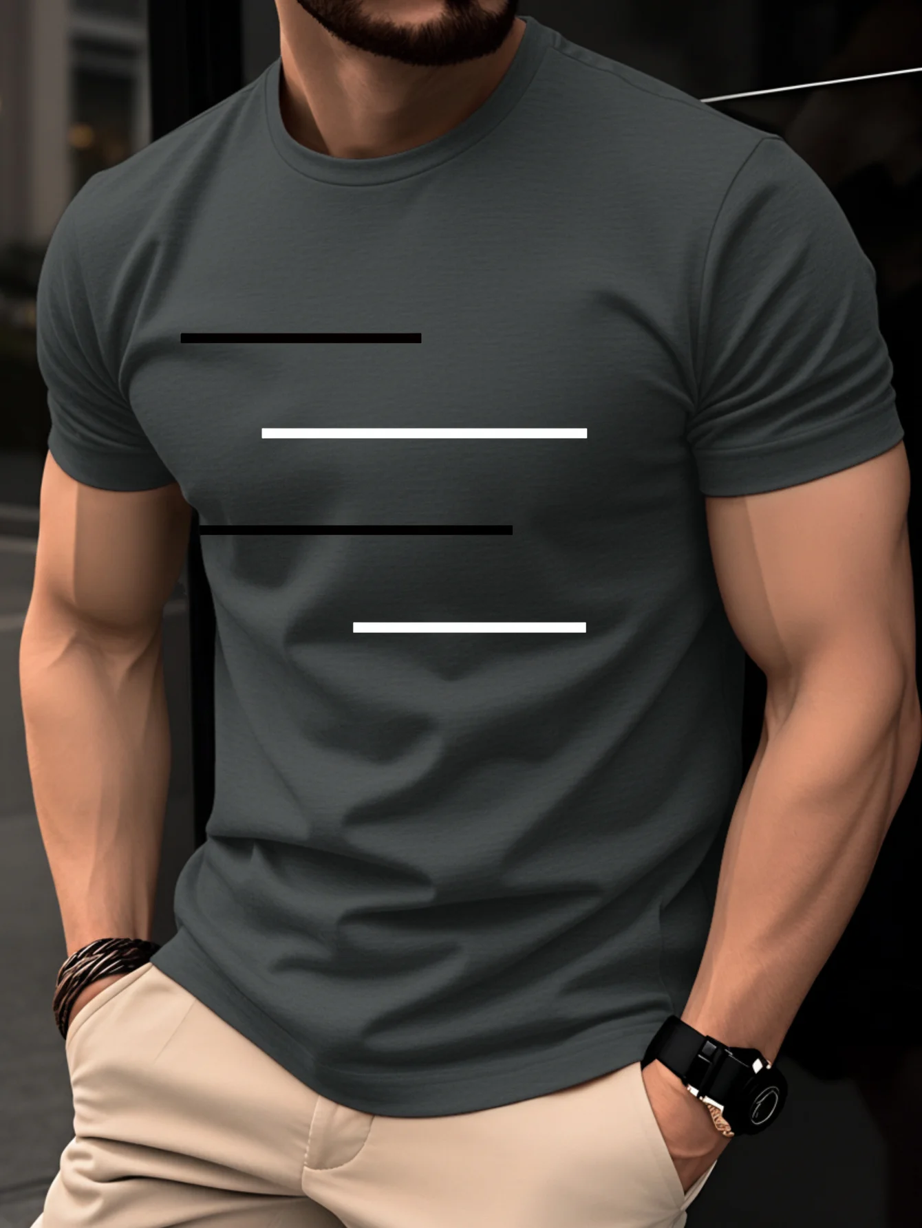 Men's summer 100% pure cotton casual loose black and white lines simple geometric pattern round neck short sleeved T-shirt - Image 3