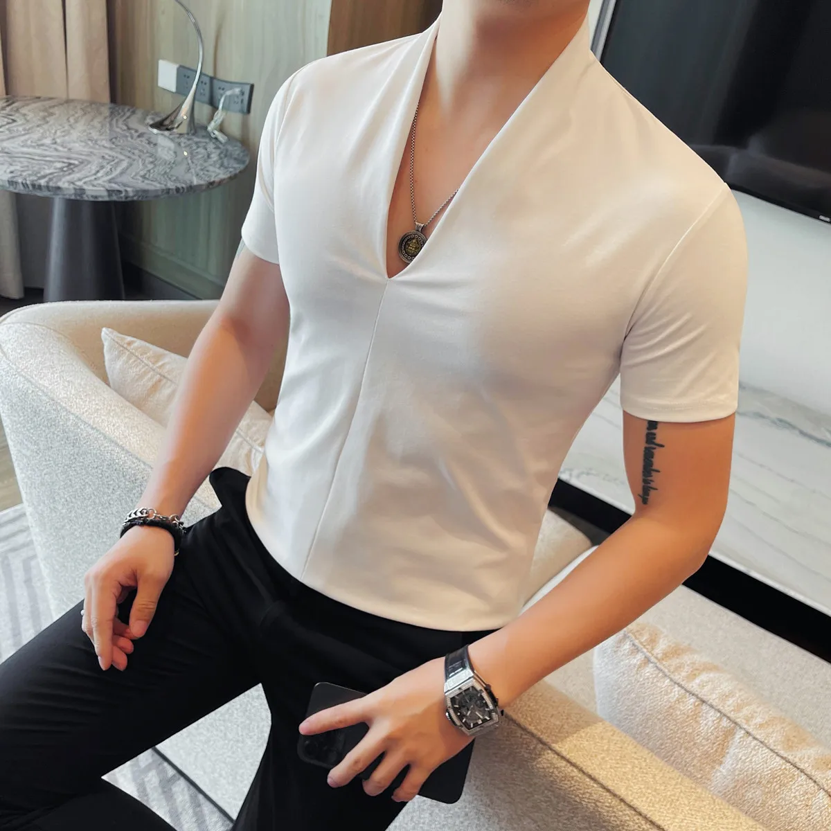 Summer Men's T Shirts Fashion Sexy V Neck Short Sleeve T-Shirt Man Clothing 2025 Slim Fit Casual Tops Tee Shirt Homme Plus Size